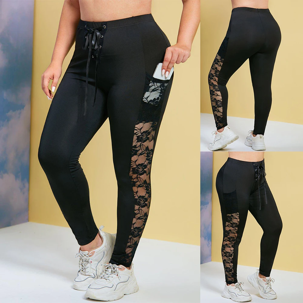 Women Plus Size Leggings Workout 5Xl Cotton Elastic Drawstring Casual Black Lace Up Waist Lace Hollow Out Leggings Stretch Pant