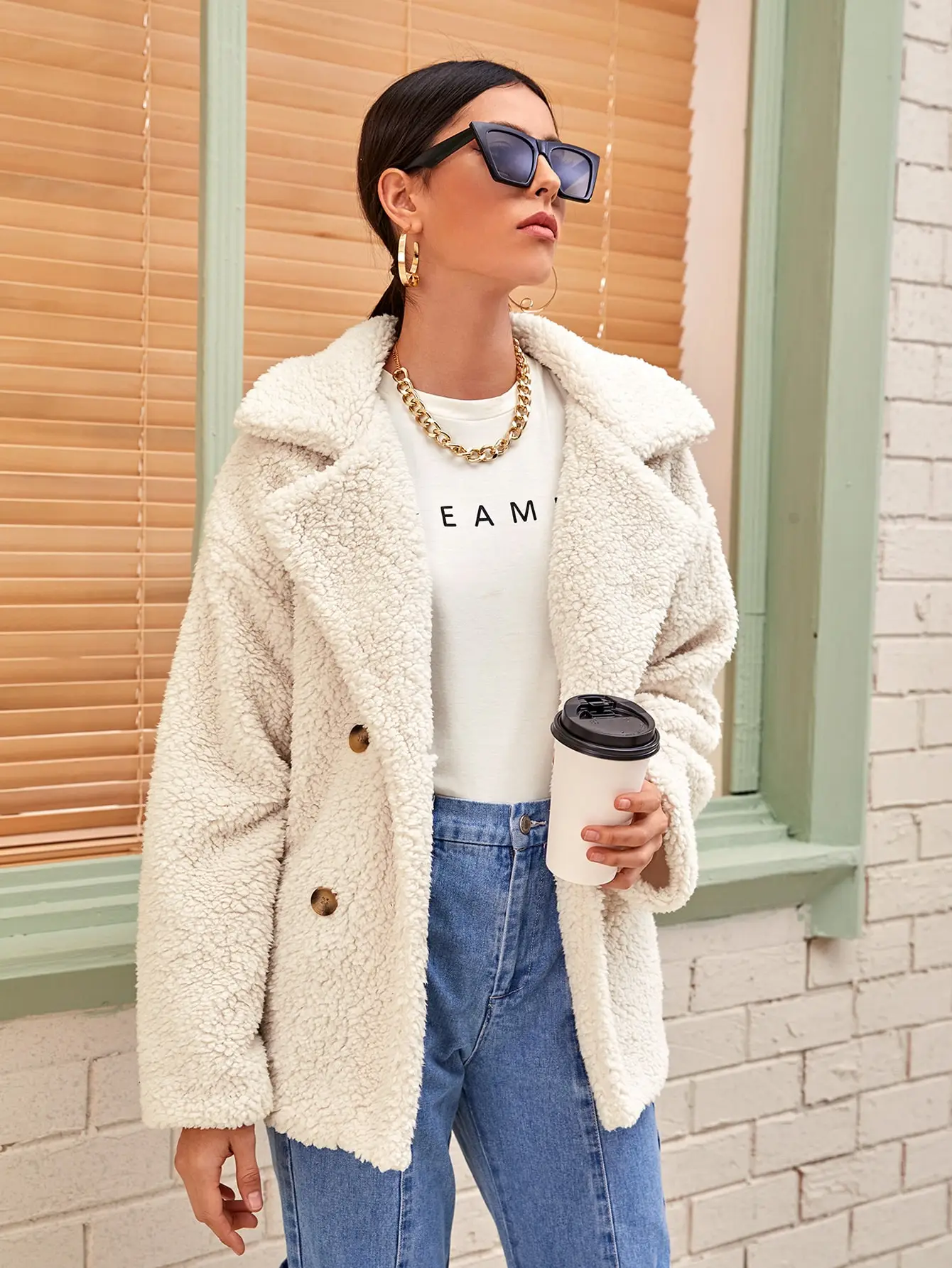 Зимнее теплое женское плюшевое пальто с карманами повседневная верхняя одежда