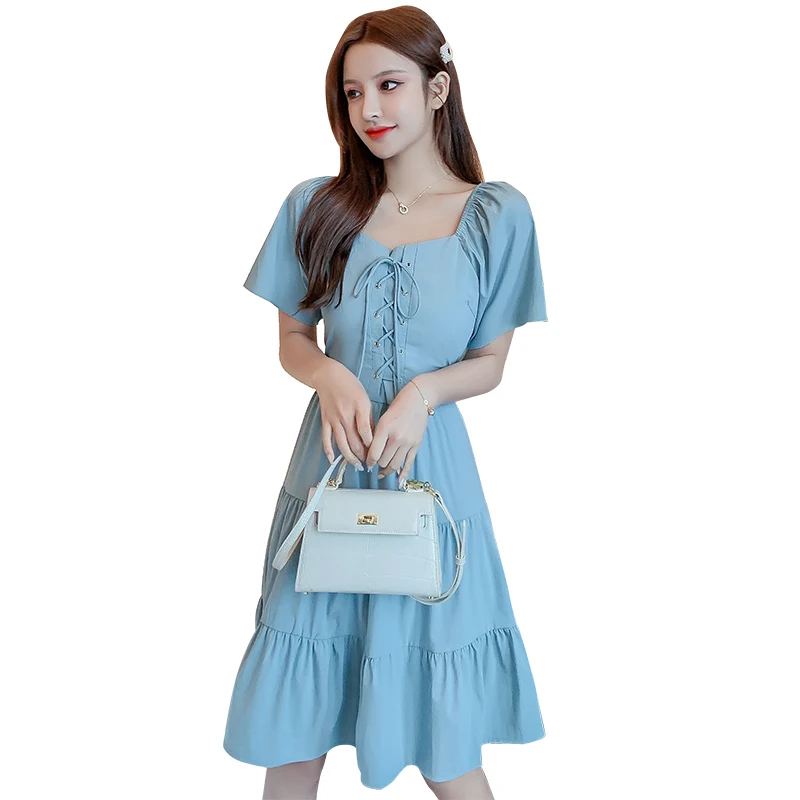

2021 Summer New Korean Style Elegant French Square Collar Puff Sleeve Platycodon Grandiflorum Waist Slimming Dress Mid-Length