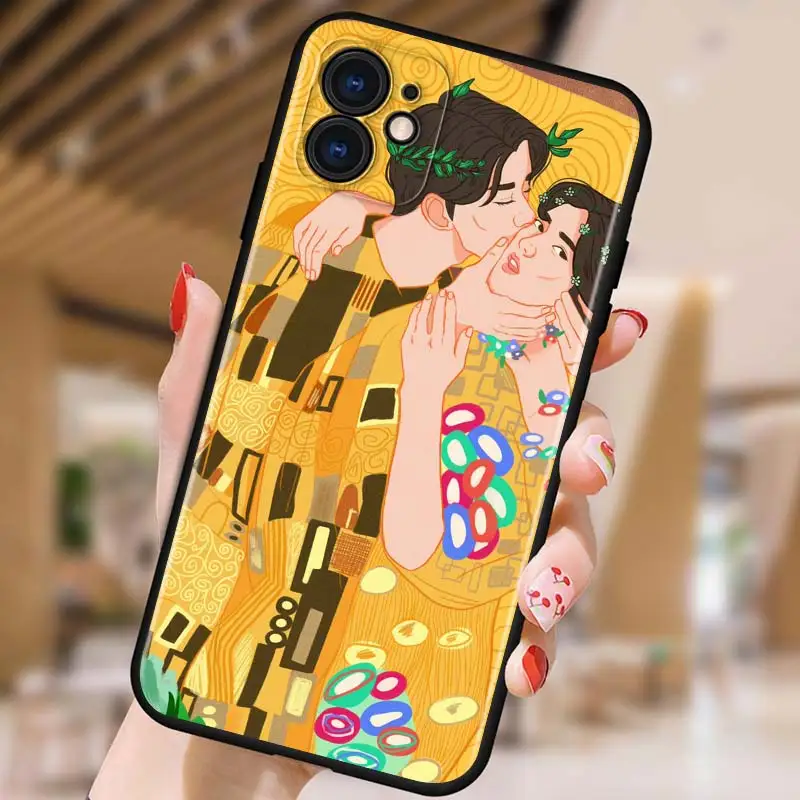 

Kiss by Gustav Klimt for iPhone 5 5S 6 7 8 X XR XS 11 SE 12 2020 mini Plus Pro MAX TPU Black Soft Cover