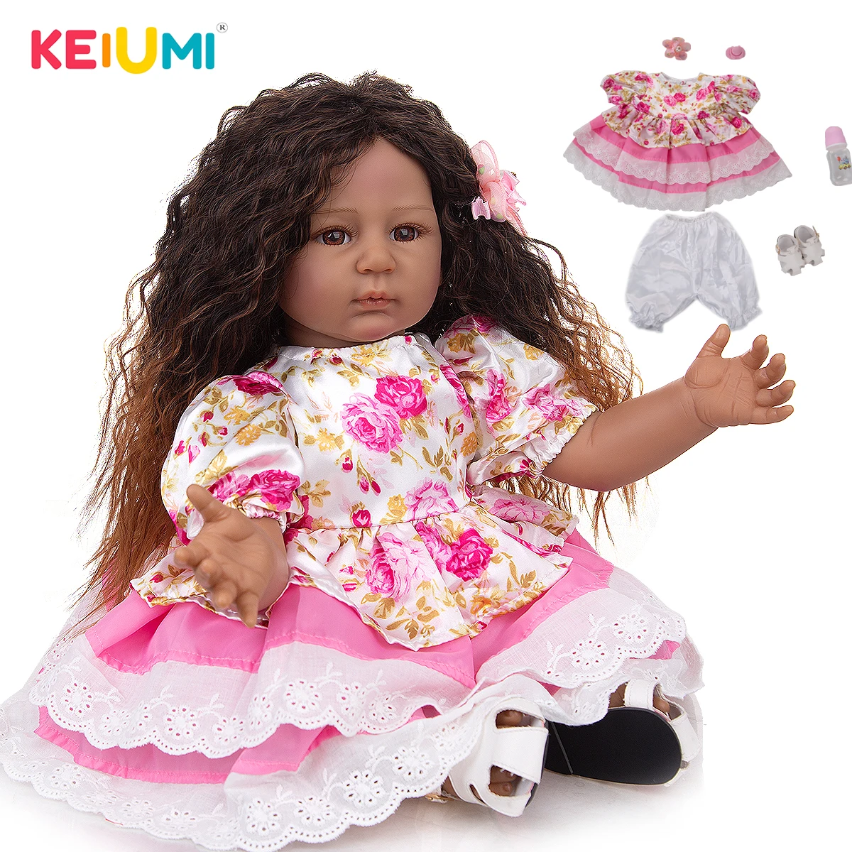 

KEIUMI 55CM New Arrival Long Curly Hair Alive Reborn Fast Delivery Dress Up Reborn Newborn Doll For Children's Gift