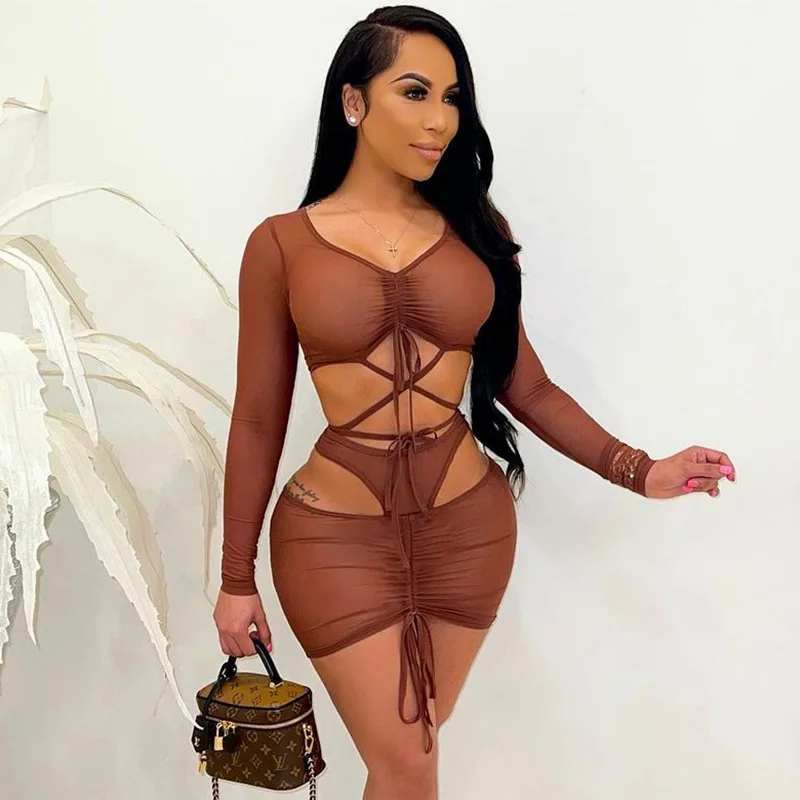 

Sexy Lady Mesh Two Piece Sets Women Long Sleeve Top Drawstring Mini Skirt Matching Vacation Clubwear