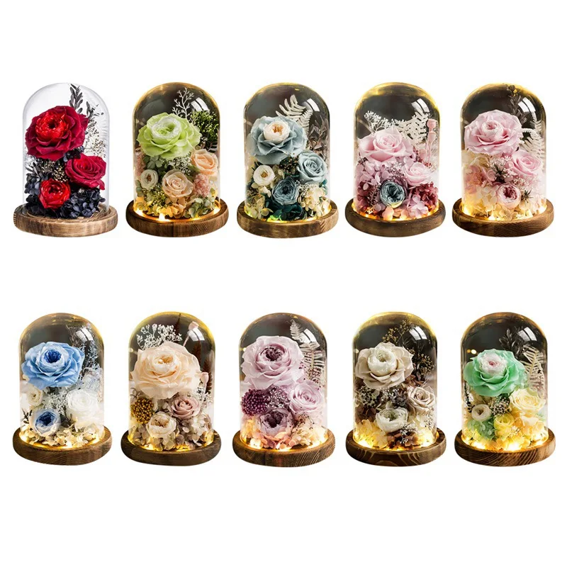 

LED Light String In Glass Dome On Wooden Base The Best Gift For Women Artificial Beauty The Beast Rose Gold Foil Rose Flower