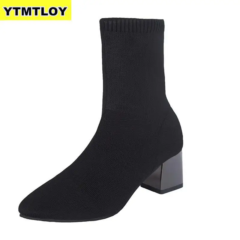 Black 6CM Женские черные ботильоны; коллекция года; модные весенне-Осенние эластичные ботинки с острым носком на высоком массивном каблуке; зимняя обувь; Zapatos De Mujer - Цвет: Black 6CM