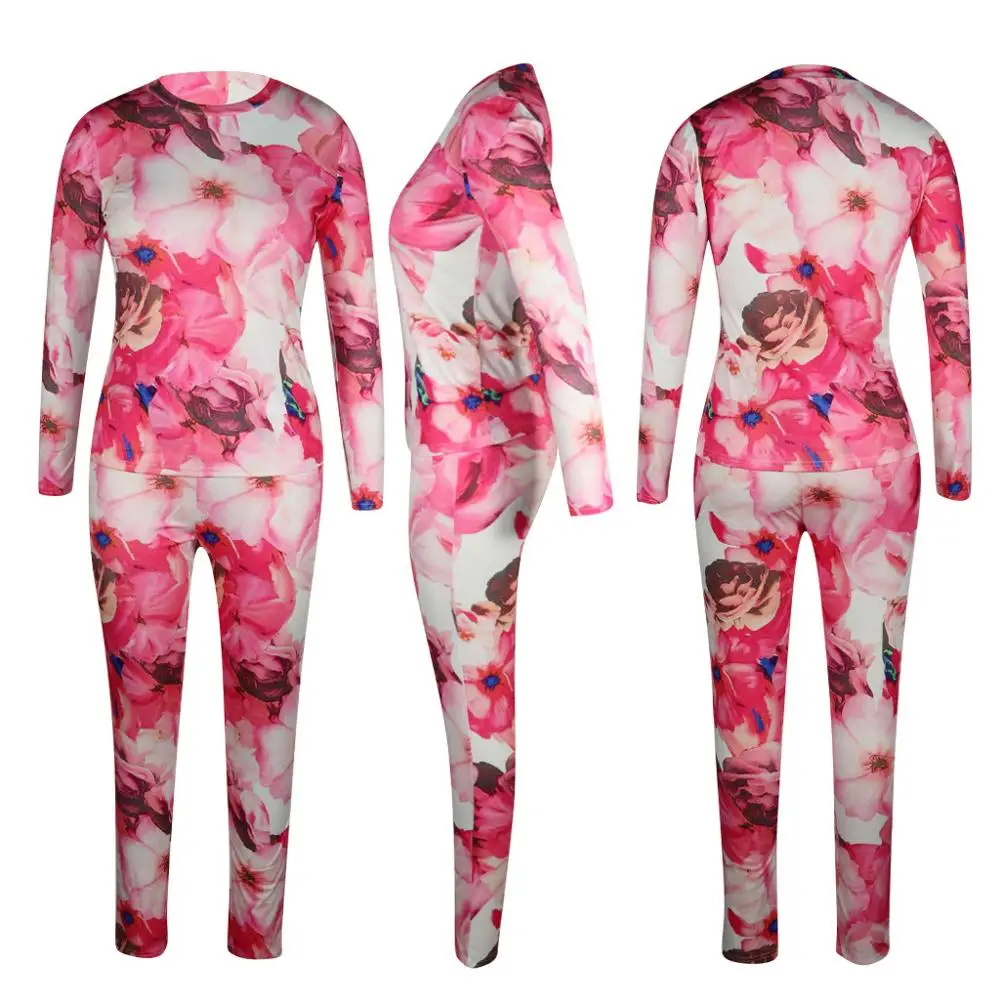 

Flora Print Long Sleeve Women Two Piece Sets Autumn Winter O Neck Top And Pants Sweater Outfits Plus Size Casual Streetwear
