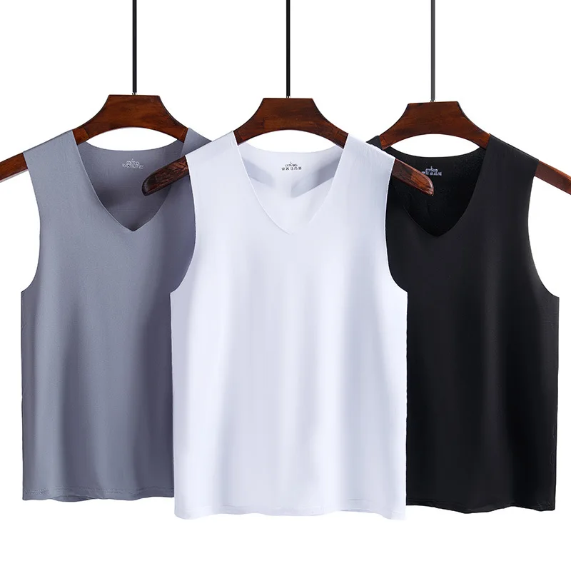 

Men's Fashion Lce silk Vest Solid Color Seamless Sleeveless Wide Shoulder Undershirt Breathable Elastic Sports Top Plus Size 5XL