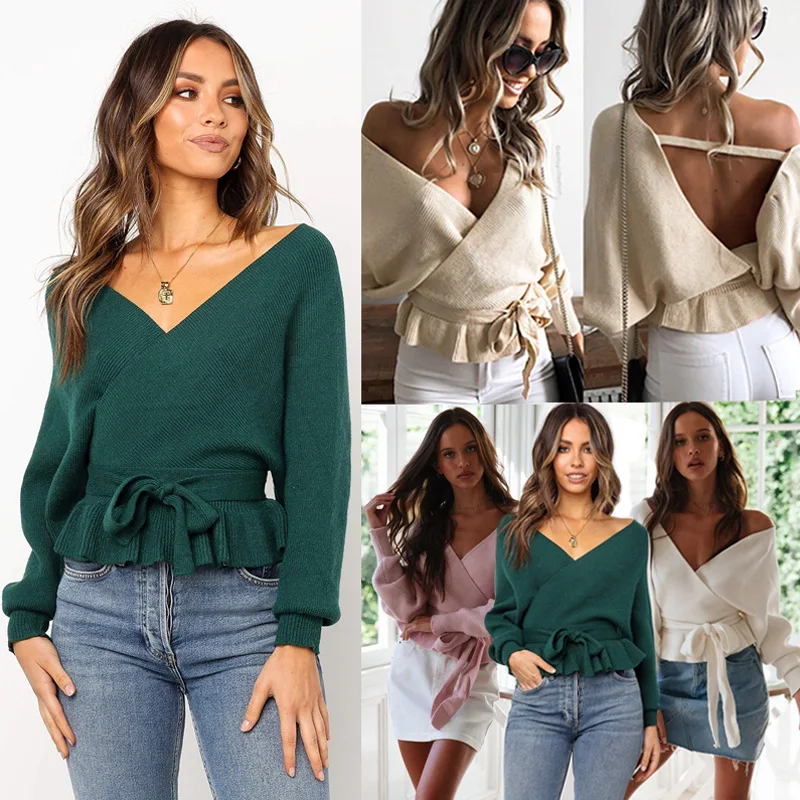 Весенний элегантный свитер с v-образным вырезом и оборками для женщин