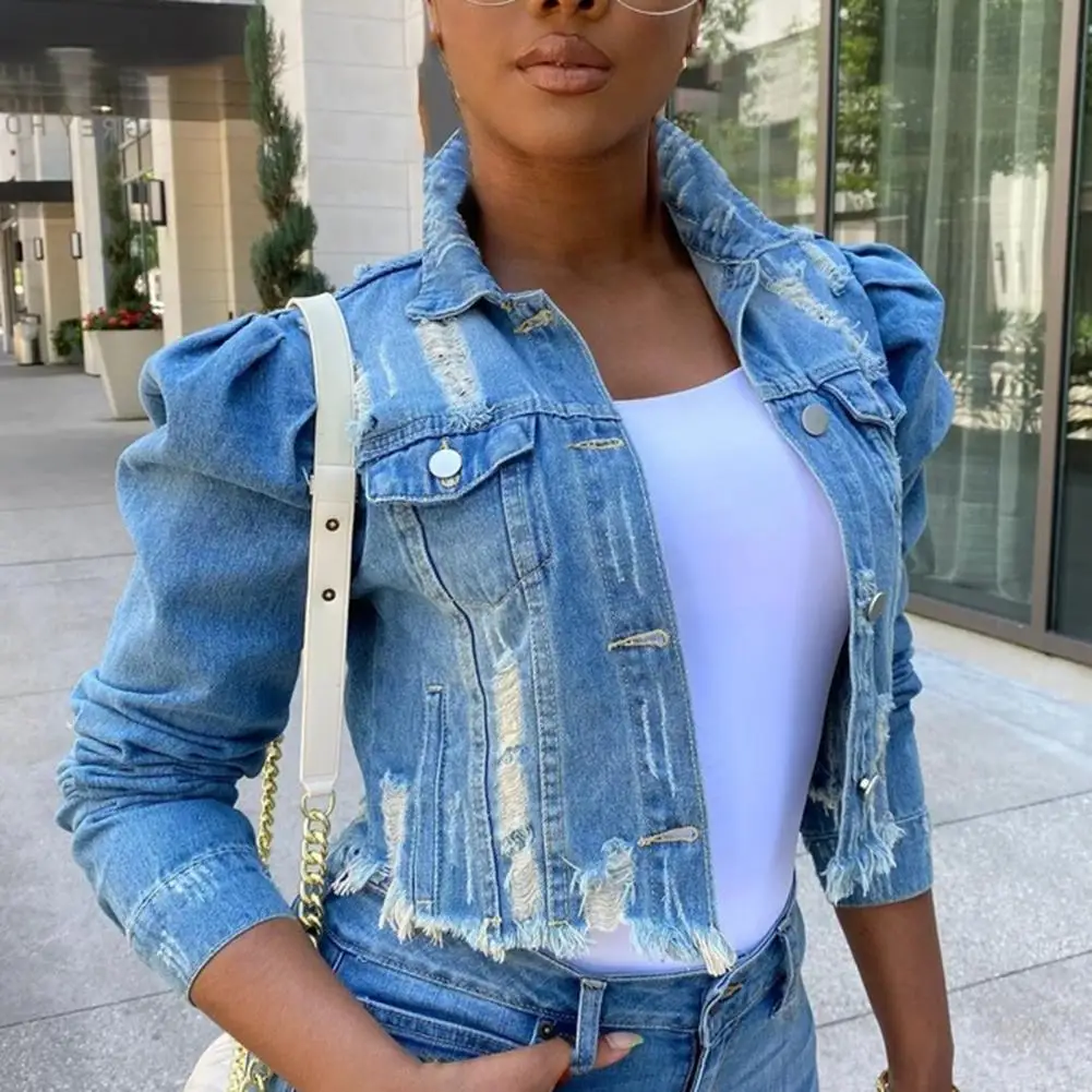 

Women Denim Jacket Casual Short Washed Ripped Sexy Puff Sleeve Turndown Collar Single-breasted Jean Coat Ladies Streetwear