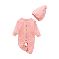 2pcs fall cotton outfit kids toddler solid color knitted long sleeves jumpsuit beanie hat for baby girls boys 0 18 months