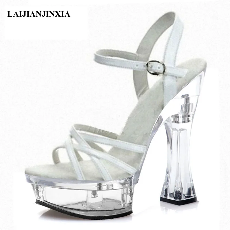 

New 14 CM High Heeled Shoes Hollow Crystal Platform Open Toe Women's sandals Fashion Party Dress Stage Queen Office Lady Shoes