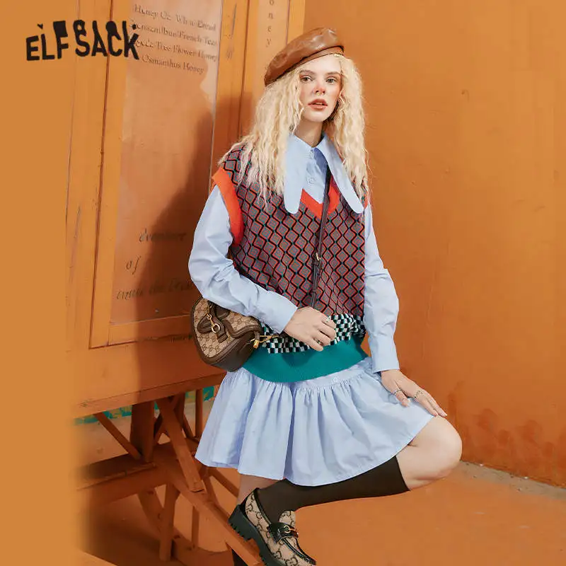 ELFSACK Argyle разноцветный вязаный Повседневный Женский комплект осень 2020 Винтажный