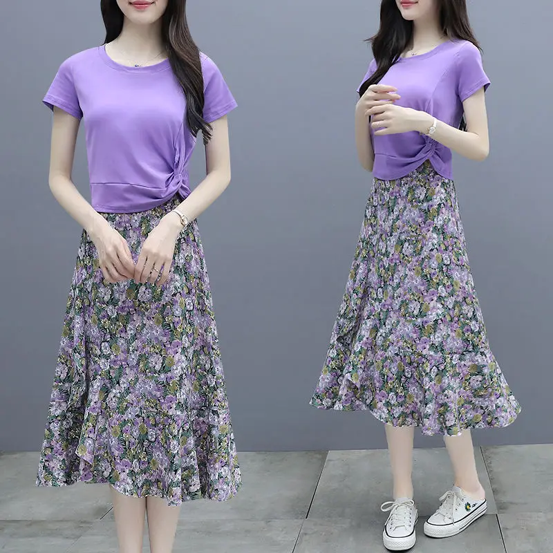 

T Shirt and Skirt Suit Summer Short Sleeve Black Tee + Elastic Waist Floral Print Chiffon A-line Long Skirts Two Piece Sets X50