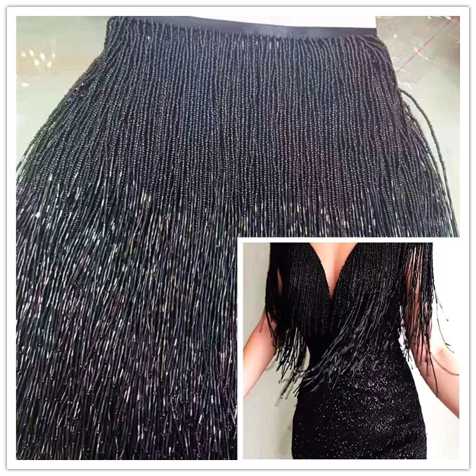 

Black Beads Tassel for Clothing Beaded Fringe Ribbon Lace Trim for Decoration Dress 28cm width