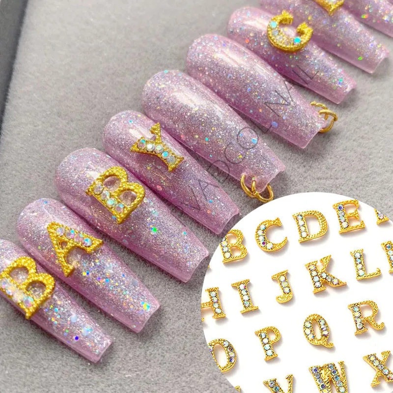 

26pcs Alphabet Letter Zircon Nail Art Charms Rhinestones Jewelry Gold Metal Press On Tips Acrylic Nails Decorations