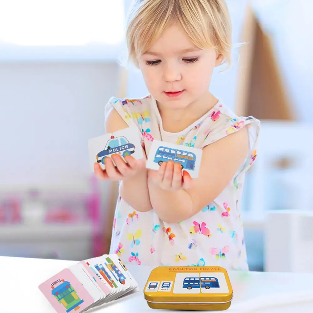 

Baby Kids Cognition Puzzle Toys Toddler Iron Box Cards Matching Game Cognitive Card Vehicl Fruit Animal Life Set Pair Puzzle