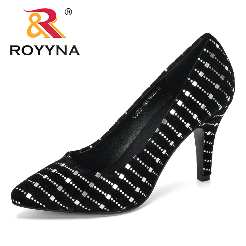 ROYYNA/Новинка года; дизайнерские женские туфли из флока на высоком металлическом каблуке; сезон осень; тонкие туфли с острым носком; женские удобные свадебные босоножки - Цвет: BLACK SILVER