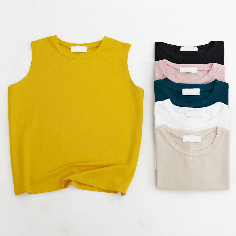 

2019 New Korean Solid Color Round Neck Sleeveless T-shirts Womens Casual Loose Summer Tee Shirts 6 Colors