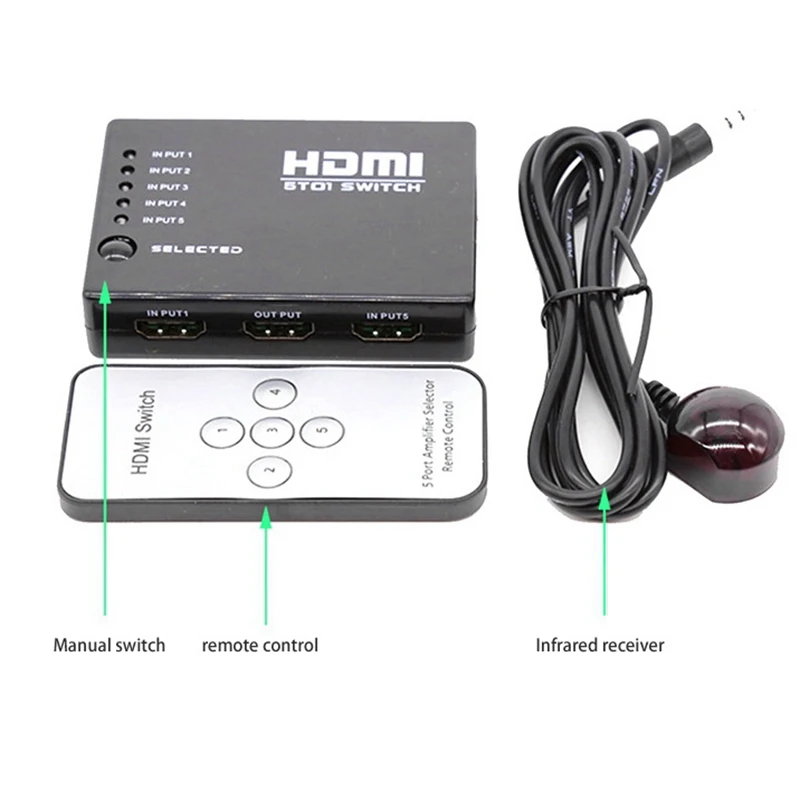 

3D 1080P 5 Port HDR HDMI Switcher HD Video TV 1080P Converter Plastic Case Remote Control 5 Into 1 Out for HDTV