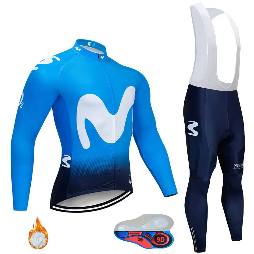 light blue fleece MOVISTAR командная велосипедная куртка 9D набор велосипедных штанов Ropa Ciclismo мужская зимняя термо флисовая pro трикотаж для велосипедистов одежда - Цвет: light blue fleece