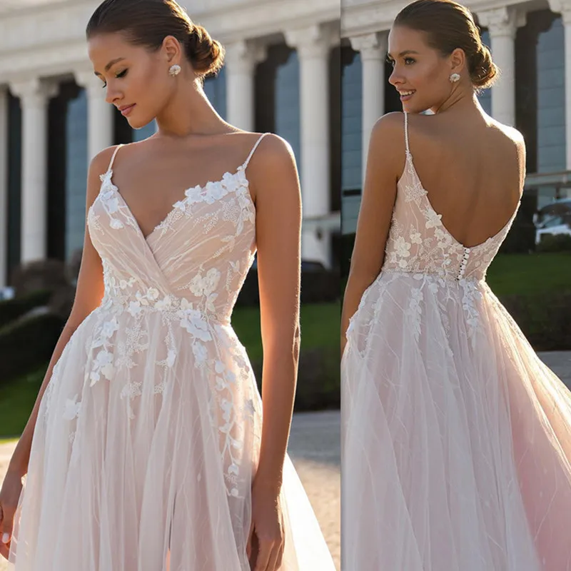 

Strapless Wedding Dress For Women 2021 Bride Gown Blush Pink Tulle Princess Backless A Line Bridal Gown Robe De Mariage Beach