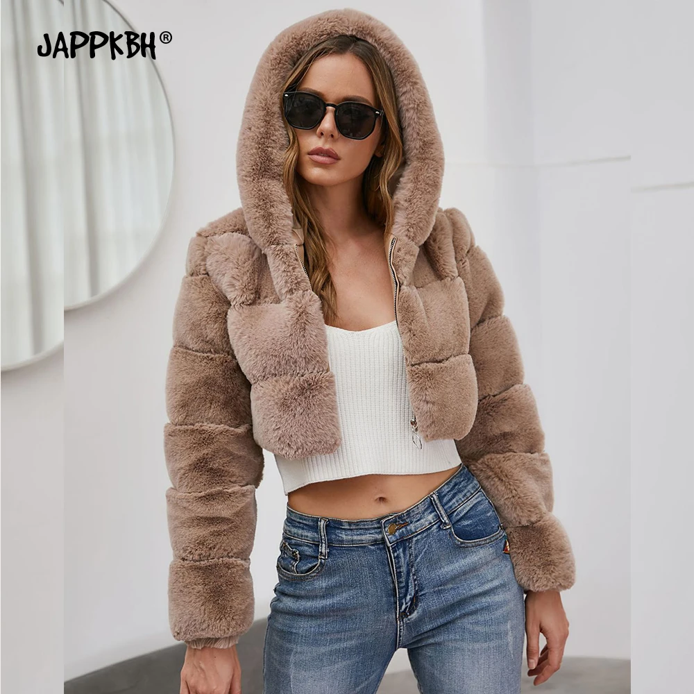 

Furry Cropped Faux Fur Hooded Coats Women Winter Fluffy Top Jackets Female Thick Warm Patchwork Jacket Vintage manteau femme 6XL