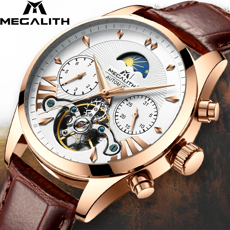 MEGALITH Мужские автоматические механические наручные часы tourbillon кожаные водонепроницаемые бизнес часы мужские спортивные наручные часы Relojes Hombre