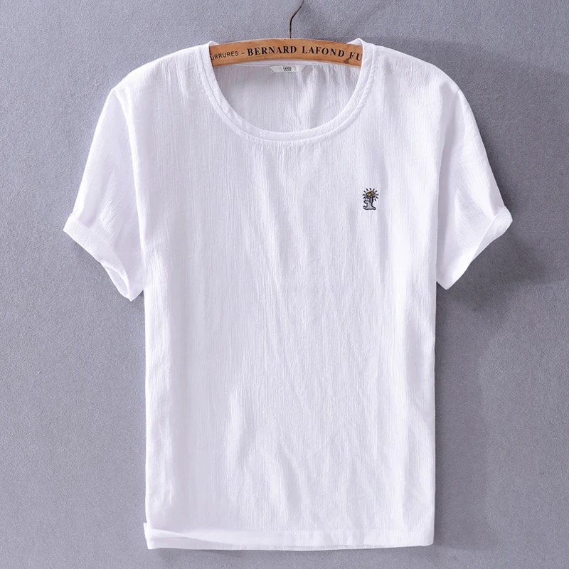 

Мужская льняная футболка с круглым вырезом, белая свободная футболка из хлопка, лето 2019