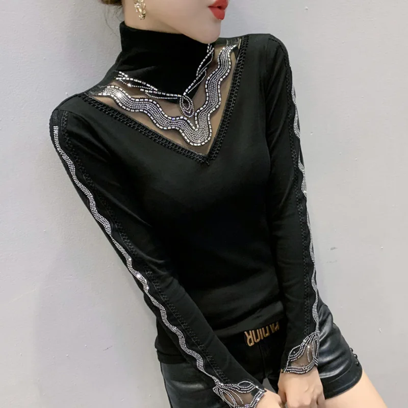 

Женская ажурная футболка с длинным рукавом, черная Повседневная Сетчатая футболка с высоким воротником и стразами, осень 2020