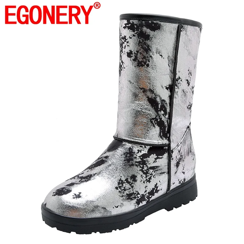 EGONERY/красивые женские зимние ботинки; очень теплые зимние женские ботинки на плоской подошве с цветочным принтом; цвет синий, серебристый; Прямая ; большие размеры 33-45