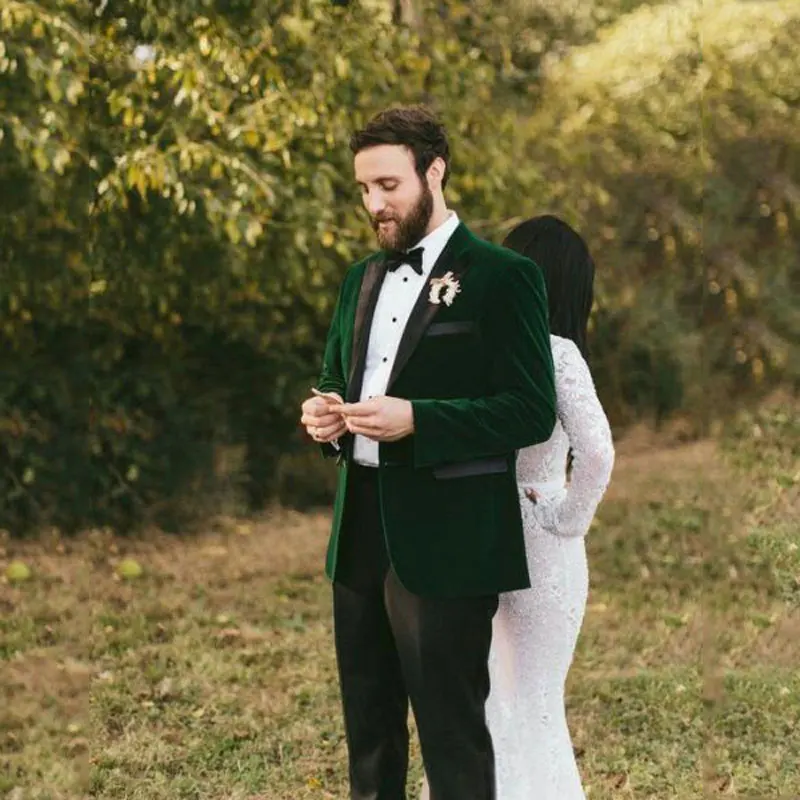 Винтажный Зеленый Бархатный смокинг для жениха костюмы свадьбы куртка курения