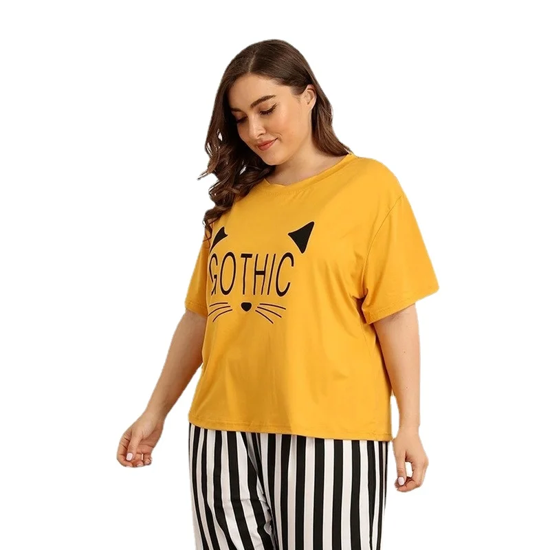 

New Cute Letter Cat Pajamas Large Size Household Clothing Women's Clothing Set Summer Plus Size