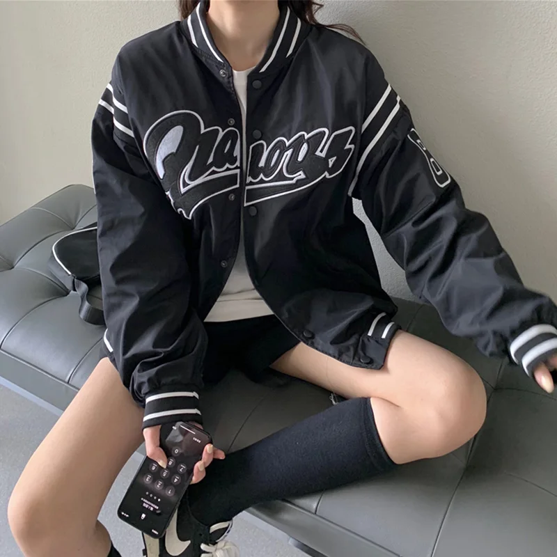 

High Quality New 2021 Summer Embroidery Harajuku Women Jacket Baseball Long Sleeve Ladies Coat Casual Loose Female Black Jackets