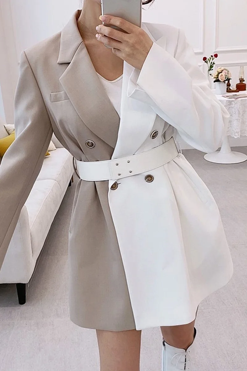 

2021 Spring New Korean Style Women Blazer Fashion Color Contrast Stitching Long Sleeve Coat Suit Coat Women's Slim Waist Suit