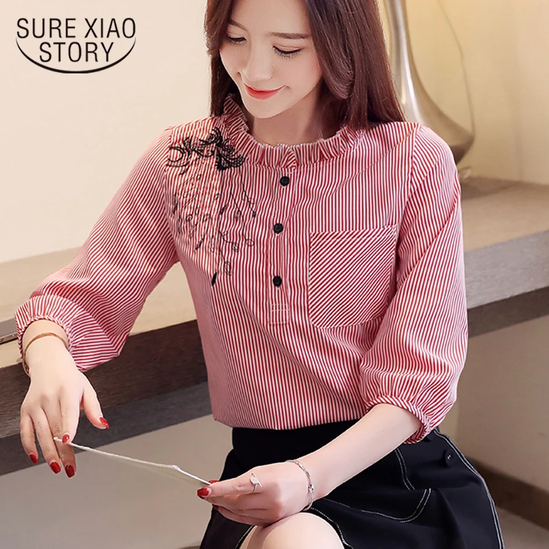 

Lantern Sleeve Chiffon Shirts Women Blouses 2022 Embroidered Striped Shirts 3/4 Sleeves Pocket Button Womens Clothing 8148 50
