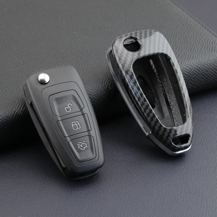 

Carbon Fiber Flip Car Key Cover Fob Case Chain For Ford Escape Focus Kuga