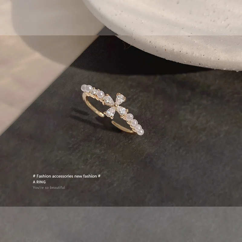 

Trendy Crystal Pearl Open Gold Ring for Women Girls Chic Squre/Flower Zircon Resizable Opening Finger Ring 2021 Jewelry Gifts