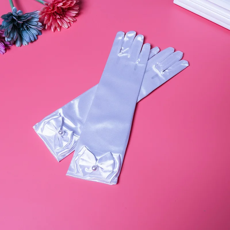 

29cm Girls Silky Satin Fancy Gloves Eblow Length Princess Dress up Bows Formal Gloves for Wedding Party ST269