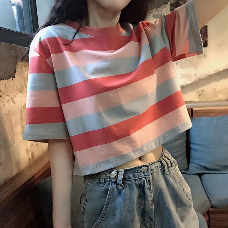 

Summer T-shirts Women 2021 Short Tshirts O Neck Short Sleeve Striped Top Korean Style Simple Daily Tees Clothes