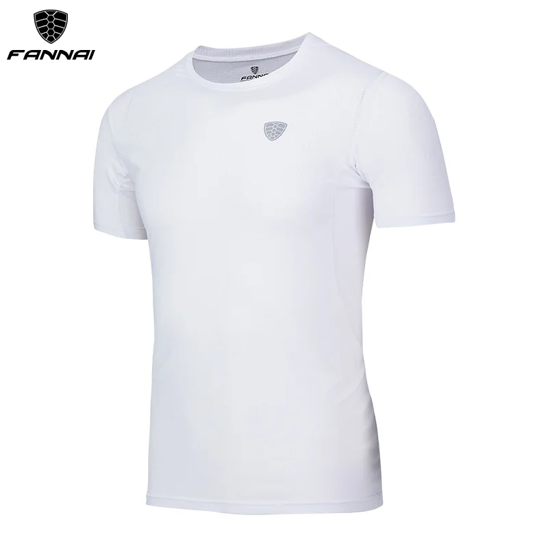 FN040White FANNAI Мужская футболка, спортивные топы, футболки, быстросохнущая футболка для фитнеса, спортзала, мужские футболки для бега, Майки с коротким рукавом, спортивная одежда для тренировок - Цвет: FN040White