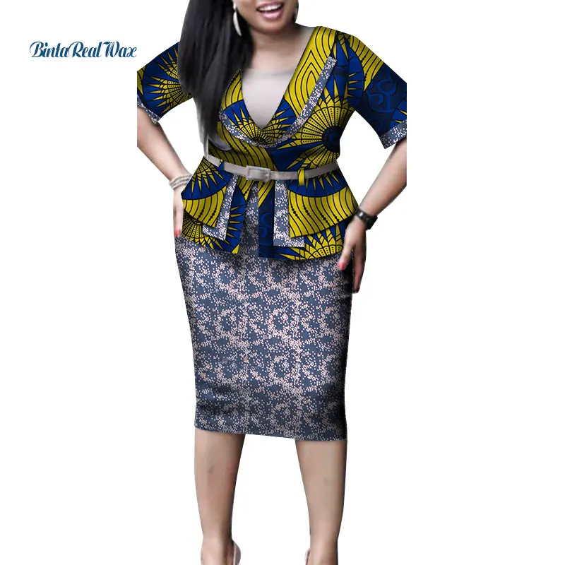

New African Print Dress and Suit Coat for Women Bazin Riche 100% Cotton 2 Pieces Sets Plus Size African Women Clothes WY4446