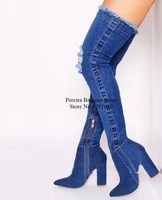 fashion chunky heels denim over the knee boots classical style cut outs pointed toe jeans boots side zipper tight high boots