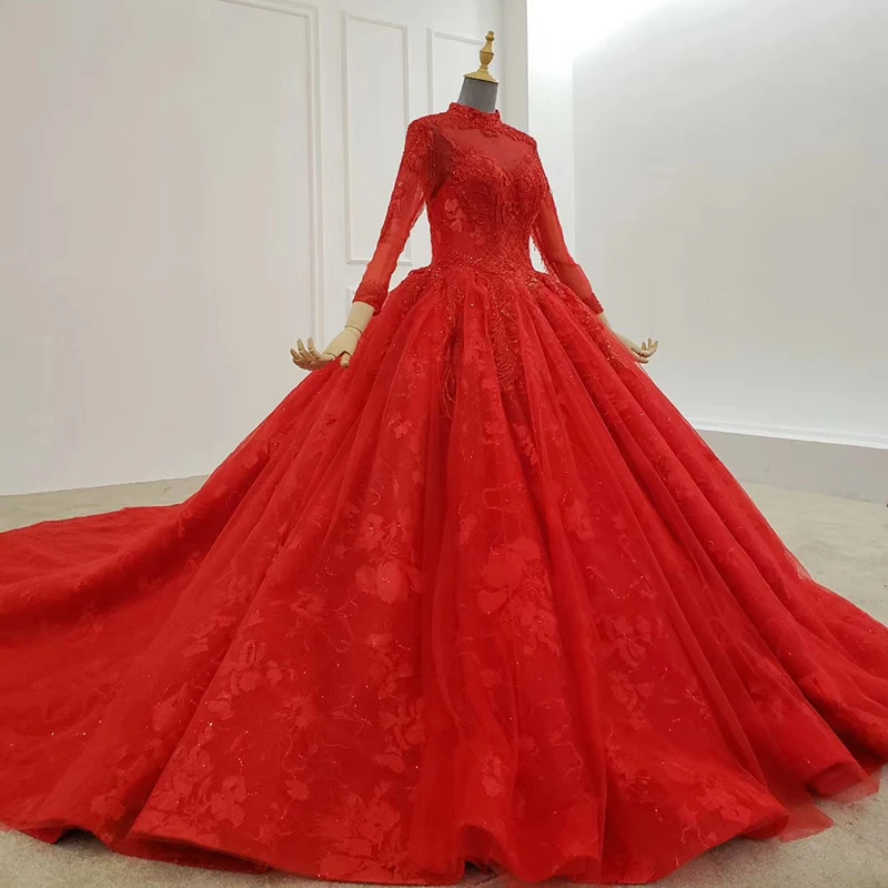 BGW 2186ht Red Evening Dress Long High Neck Long Sleeves Beading Sequin Ball Gown Muslim Evening Dress Vestidos De Finalista
