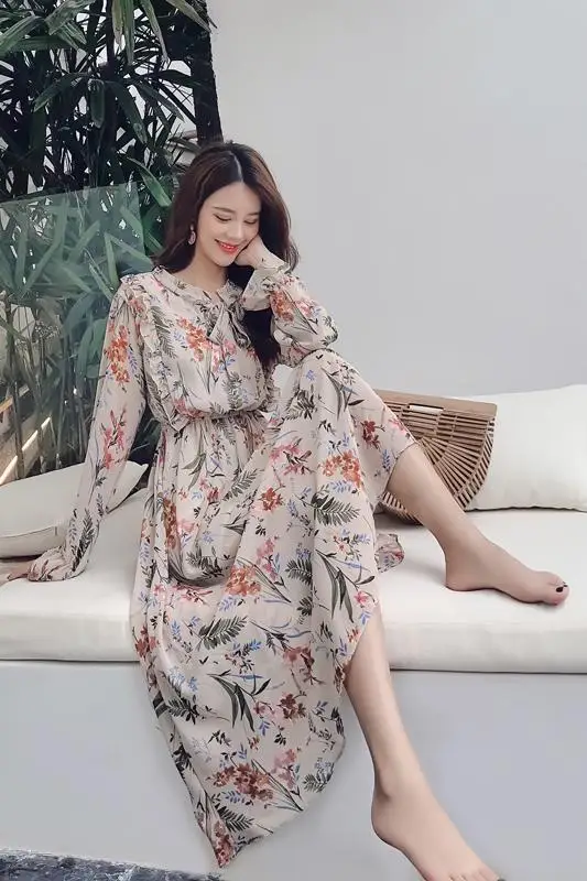

COIGARSAM Ruffles Women Long dress Korean 2020 New Summer Autumn Leaves flowers Print Flare Sleeve one-piece Dresses Red Apricot