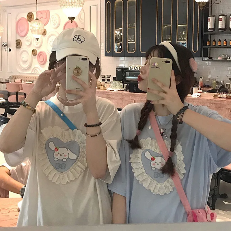 

Summer Street Cherry Print Lace Short Sleeve T-shirt Women Harajuku Japan Style Sweet Cute Girls Tops Tee T Shirt