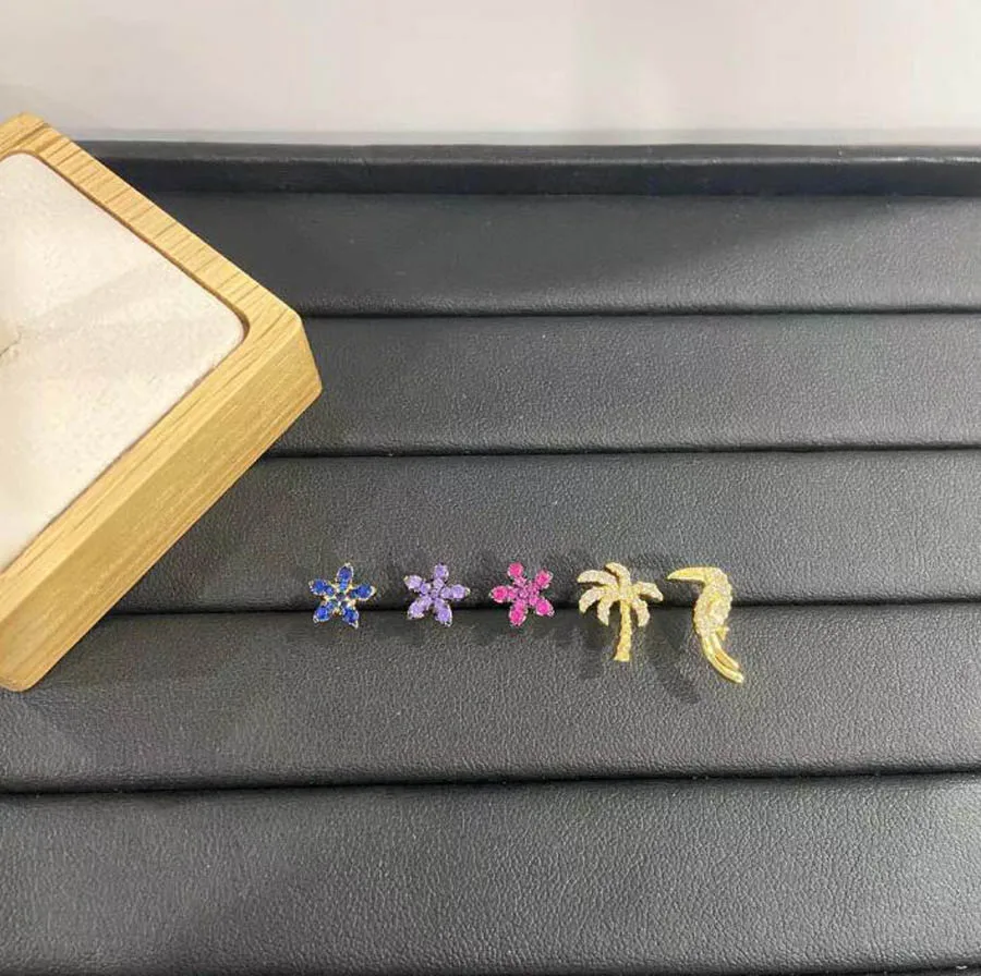 

Mini palm beaks silver color earrings parrot 5 piece earring set for women Tropical plants star flower Coconut tree mini jewelry