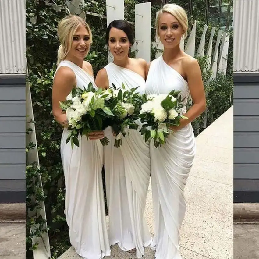 

One Shoulder Champagne Bridesmaid Dresses Draped Satin Long Ivory Purple Party Dresses Maid Of Honor Split Wedding Guest Dresses