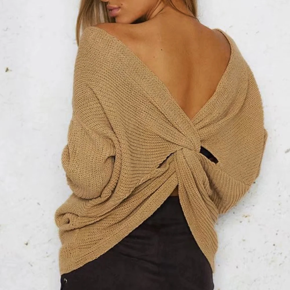 Autumn Winter Women Sweaters Twisted Backless Jumpers Solid Color Slim V Neck Sweater Jumper | Женская одежда