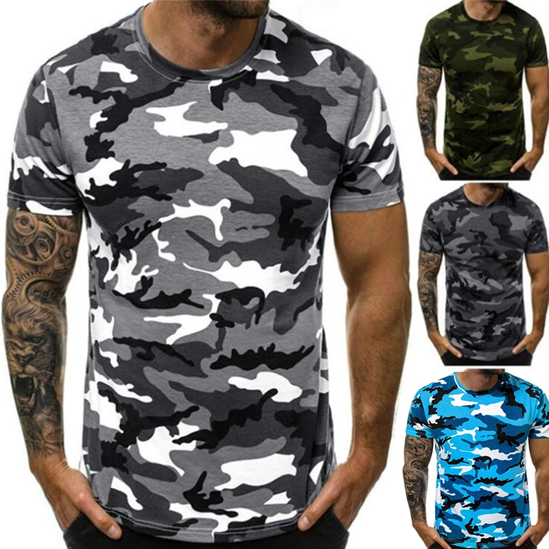 

2023 New Men T-Shirt Bodybuilding Slim O-Neck Short Sleeve Men Casual Joggers Fitness Camouflage Tees Tops Gyms Clothing