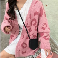 autumn cardigan sweater women fashion vintage knitted leopard v neck long sleeve single breasted knitwear oversized casual coats