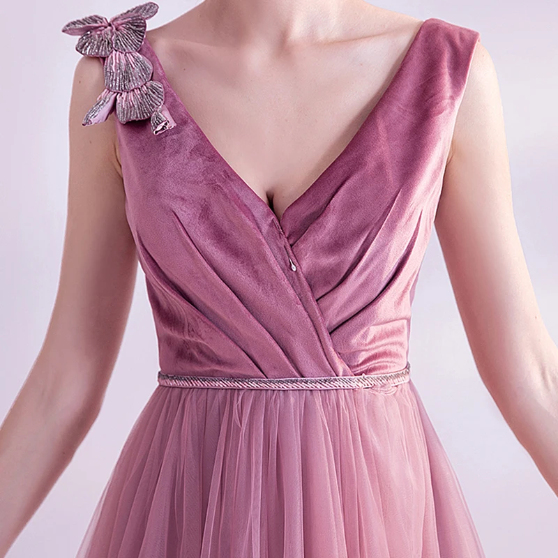 

Pink Luxury Evening Dress Illusion V-Neck Crystal Tulle Floor-Length A-Line Pleat Sequined Elegant Lady Formal Dresses TS274